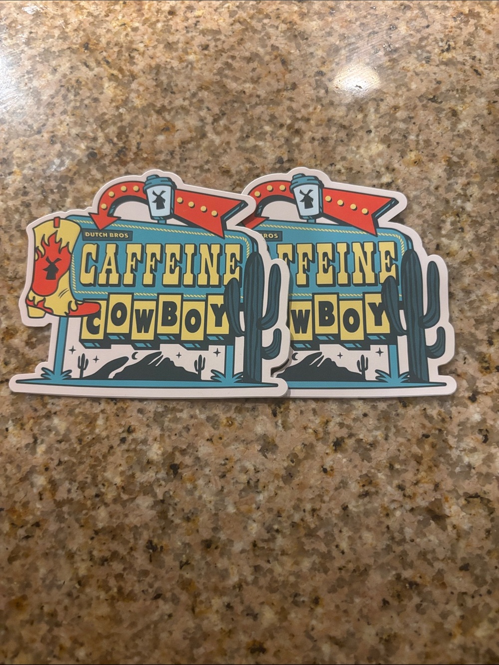 Dutch Bros Caffeine Cowboy Sticker — Blue, Yellow & Red Accents